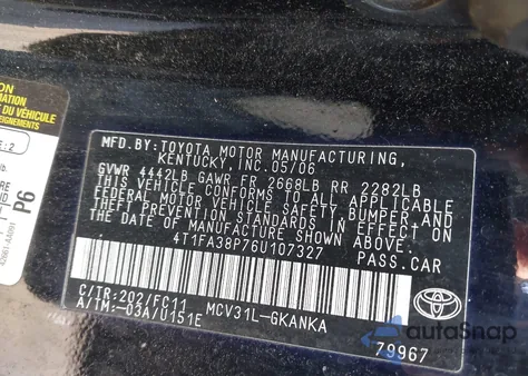 2006 Toyota Camry Solara Se из США, поврежденный, VIN 4T1FA38P76U107327